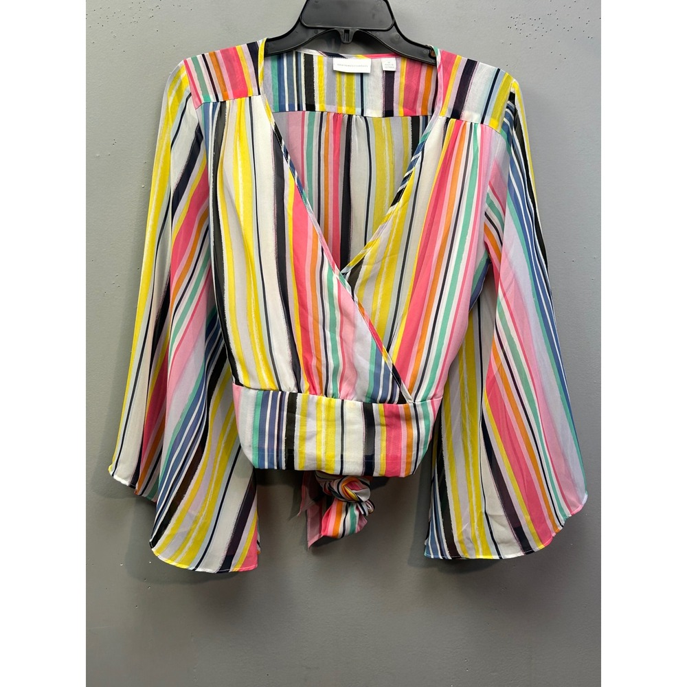 New York & Company Blouse Women Medium Sheer Striped‎ Surplice Tie Back Bell